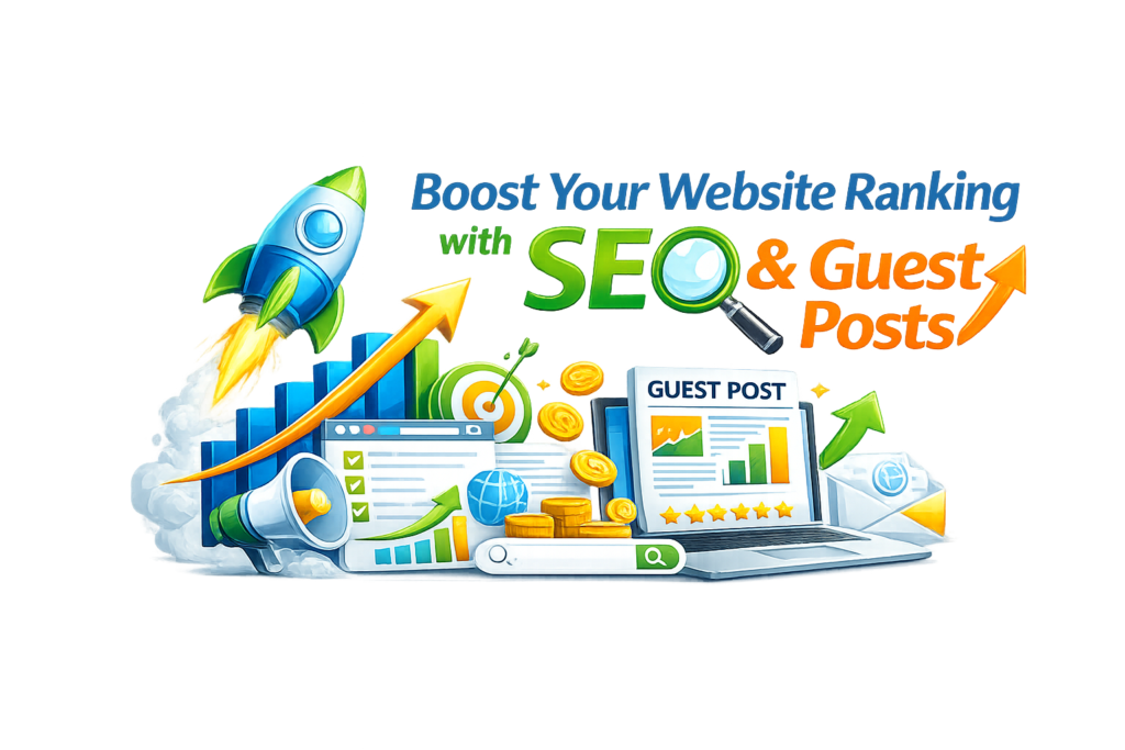 Illustration showing digital marketing with SEO and guest posting strategies to boost website ranking globally, including charts, rocket, backlinks, and content icons